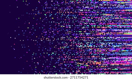 Bildschirm "Glitch Pixels". Abstrakter Cyberpunk-violetter Glitzer Hintergrund. Abstrakter Rauscheffekt, Fehler bei Videoschäden, stilisierte Daten beschädigte Zeilen. Vektorgrafik. 
