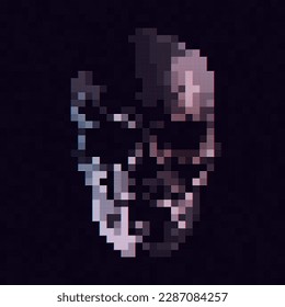 Glitch Pixels Skull Design. Danger Piracy Skull Sign. Hacking, Ddos Attack, Spam, Computer Virus Trojan Concept. Malware Ransomware Deadly Code Vector Illustration.