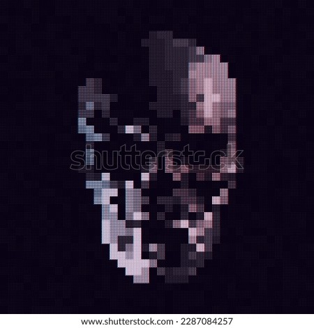 Glitch Pixels Skull Design. Danger Piracy Skull Sign. Hacking, Ddos Attack, Spam, Computer Virus Trojan Concept. Malware Ransomware Deadly Code Vector Illustration.