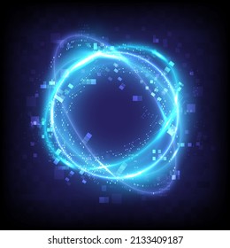 Glitch and pixels. Technology glowing swirl light effect. Magic abstract frame. Power energy of circular element. Luminous sci-fi. Shining neon lights cosmic. Futuristic swirl universe trail effect