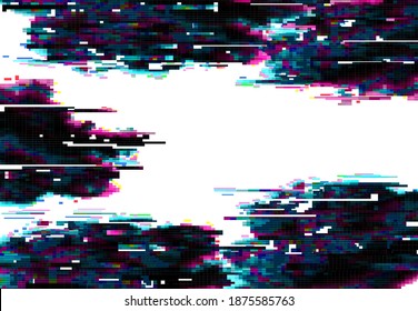 Glitch pixels vector abstract background, distorted glitched colored and neon glowing frame with random pixels on dark and white backdrop. Television distortion with glitch effect, no signal tv screen