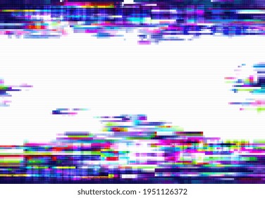 Glitch pixels vector abstract background, distorted glitched colored and neon glowing frame with random pixels. Television distortion with glitch effect, error, no signal tv screen border or backdrop