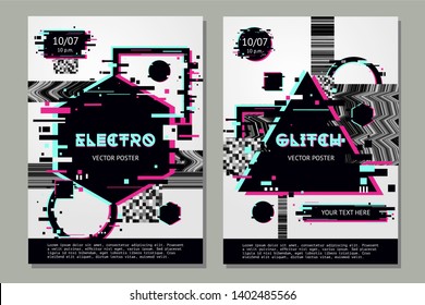 Glitch poster template with abstract shapes. Music festival background with glitchy effect. Electronic night party flyer.