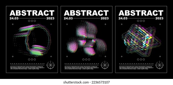 Glitch posters in techno style with abstract geometric shapes. With stereo effect, prints for T-shirts and hoodies. Isolated on black background