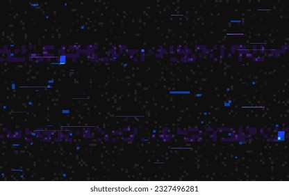 Glitch purple elements. Broken digital signal. Geometric techno background. Dark futuristic poster or banner template. Video error with color pixels. Vector illustration.