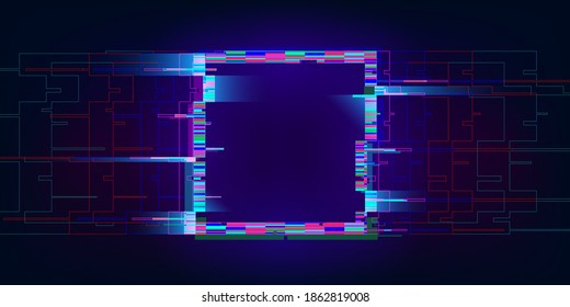 Glitch rectangle. Distorted glowing rectangle cyberpunk style. Futuristic geometry shape with TV interference effect. Design for promo music events, games, web, banners, backgrounds. Vector