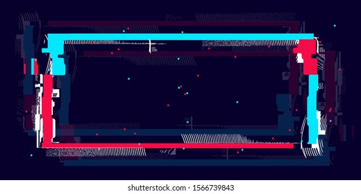 Glitch rectangle frame in neon color. Distorted shape with glitch effect and empty place for promo, advertising, print and web. Vector illustration.