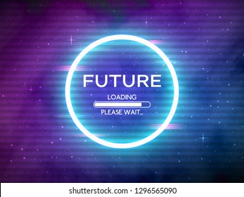 Glitch retro future. Glowing neon circle. Round frame with data loading. Space background and futuristic concept with glitched elements. Sci-Fi backdrop. Cosmic theme. Vector illustration.