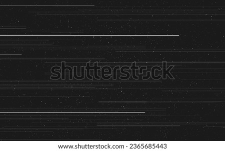 Glitch retro. Horizontal white lines. Grain effect on dark backdrop. Random distorted shapes. Old analog texture. Abstract vintage video background. Vector illustration.