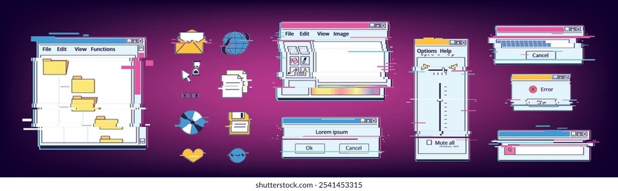 Glitch retro interface. System errors vintage desktop screens, old computer window web browser command frame error website virus software y2k game ui, classy vector illustration