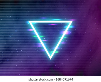 Glitch retro triangle. Glowing neon shape on cosmic backdrop. Cyberpunk template with digital glitched elements. Future effect in space for poster or brochure. Vector illustration.
