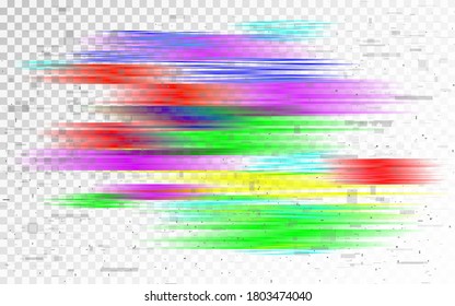 Glitch RGB composition on transparent backdrop. Digital color distortion effect. Video data error template. No signal error. Futuristic disintegration concept. Vector illustration.