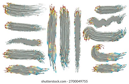 Glitch RGB split pincel traçado coleção com texturas de aberração cromática e esfregaços ondulados, elementos vetoriais isolados para posters modernos e design.