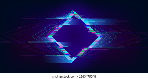 Glitch rhombus. Distorted glowing rhombus cyberpunk style. Futuristic geometry shape with TV interference effect. Design for promo music events, games, web, banners, backgrounds. Vector