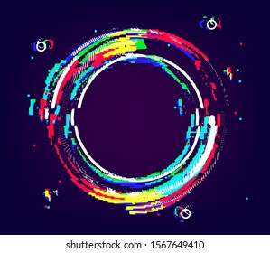 Glitch ring with distortion and noise vhs effect. Old tv bad signal, circle round banner template for web design, advertising, cover and flyer. Vector glitch illustration with bright neon colors.