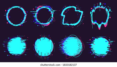 Glitch round frames. Circle distortion noise defect elements, pixel defect destroyed geometric shapes isolated vector illustration set. Dynamic damaged neon border or figure on dark
