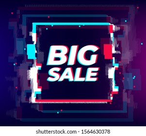 Glitch sale poster, glitch distorted effect. Big cyber sale neon colored abstract vector illustration mock up, black friday elements template for web, internet, print and advertising. 
