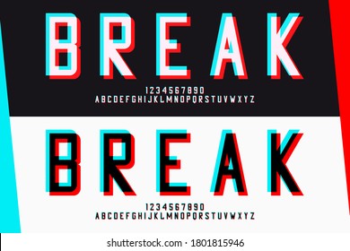 Glitch san-serif letters and numbers. Glitched alphabet design. Font with distortion and blue-red glitch effect. Vector illustration.