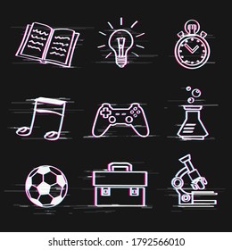 Glitch school icon set on dark background. Back to school education signs on chalkboard. Home educate symbols