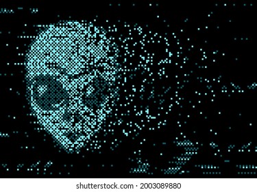 Pantalla brillante distorsión digital con ruido de píxel y cara extraterrestre que se desmorona sobre fondo negro. Efecto brillante de neón brillante vectorial, diseño futurista distorsionado con carácter extraterrestre