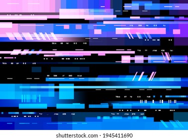 Glitch screen with pixels digital noise, vector background. No signal, distortion and glitch effect on display, neon blue red interference on TV or computer display, VHS video television