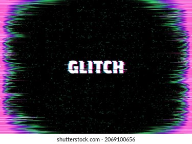 Glitch screen vector background, monitor error glitch effect with color digital pixel noise frame border and tv static error backdrop. Television bad signal or broken VHS video tape rewind texture