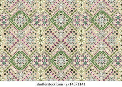 Glitch seamless pattern on brown background,floral cross stitch seamless pattern,geometric ethnic seamless pattern,vector illustration,abstract design.design for texture,fabric,clothing,print,tile.