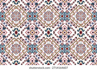 Glitch seamless pattern on white background,floral cross stitch seamless pattern,geometric ethnic seamless pattern,vector illustration,abstract design.design for texture,fabric,clothing,print,scarf.