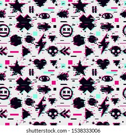 Glitch Seamless Pattern With Video Games Element. Futuristic Texture With Glitchy Effect. Gamer Vector Background.