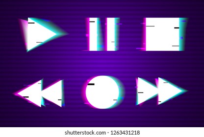 Glitch set of buttons. Minimal design. Play, rewind, stop, pause,record collection elements. VHS shapes with distortion noise. Retro background with glitched lines. Old TV effect. Vector illustration.