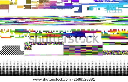 Glitch set with color elements. Digital abstract shapes. Random pixel glitch elements. Modern cyberpunk broken effect. Data noise texture. Vector illustration