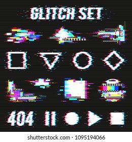 Glitch Set On Black Background With Geometric Forms And Font With Distortion Effect Flat Vector Illustration