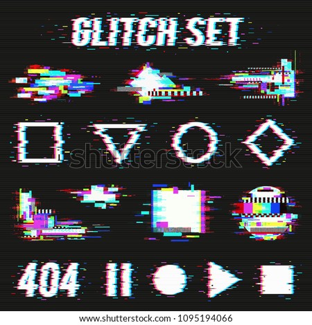 Glitch set on black background with geometric forms and font with distortion effect flat vector illustration