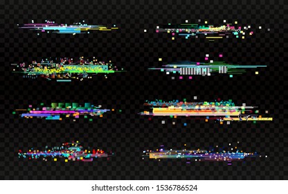 Glitch set on dark background. Collection of color distortions. Data error templates. Random color pixels and shapes. Video problem texture. TV no signal. Vector illustration.
