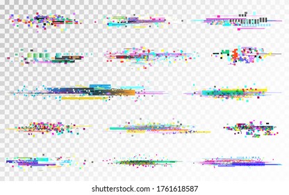 Glitch set on transparent backdrop. Digital distortion collection. Color pixel noise. No signal templates. Video data error. Futuristic disintegration template. Vector illustration.