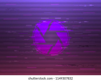 Glitch shutter on bright background. Modern glitched concept. Distorted diaphragm with color elements. Glow design for poster, banner, magazine. Vector illustration.