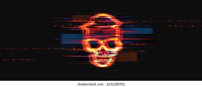 Cráneo de signos de Glitch. Forma de ruido abstracto, sistema hackeado, señal de error, problema técnico. Ilustración vectorial.