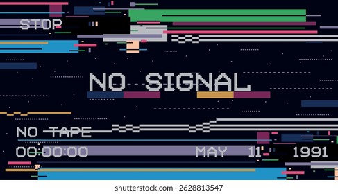Glitch signal background. Retro VHS tape with television screen distortion, digital video error glitches and static noise, 90s vintage TV pixel glitchy texture. Vector illustration.