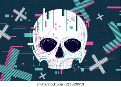 Glitch skull background. Game over concept with dead head. Cyber punk illustration.
