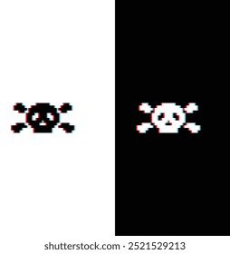 glitch Skull icon 8 bit, pixel pirate icon for game logo.