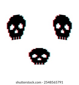 glitch Skull icon 8 bit, pixel pirate icon for game logo.