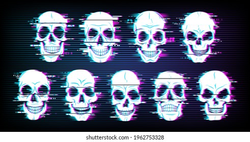 Glitch skulls vector distorted neon glowing pixelized craniums or jolly roger. Trippy digital art, horror, dead heads on black background. Television messy distortion or vhs tape glitch effect