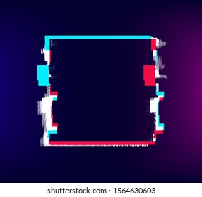 Glitch square frame, distorted old effect, colored banner with glitch for web and advertising, vector abstract illustration.