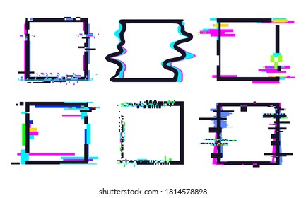 Glitch Quadrat Rahmen. Viereckige Schablone formen farbenfrohe, dynamische Pixel Defektvektorgrafik. Verzerrte Kollektion von Effekten