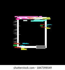 Glitch Square Frame With TV Breakup Effect Pink And Yellow Stripe On Black Background Vector Illustration Space For Text