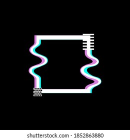 Glitch square white frame with TV wave effect purple blue stripe on black background vector illustration space for text