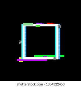 Marco blanco cuadrado brillante con efecto de colapso de TV rayas verdes azules negro y blanco en un espacio de ilustración vectorial de fondo negro para texto
