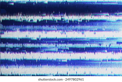 Glitch or static noise texture with white stripes and blue colored pixels. No signal 404 error. Abstract background Glitch Screen Effect Background. Overlay Digital Pixel Dots Noise Glitch Error.