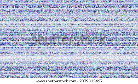 Glitch or static noise texture with white stripes and colored pixels. No signal or TV broadcast error. VHS seamless pattern. Abstract vector background.