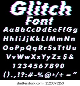 Glitch Style Alphabet Set on Black Background.  Vector Glitched Font Set.